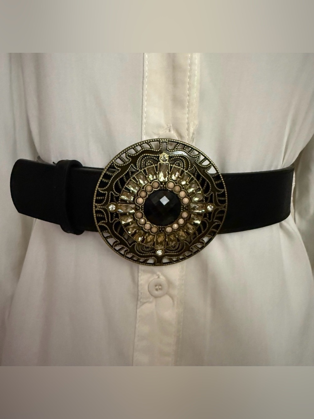Black distressed PU leather circle buckle elastic waistband skinny belt